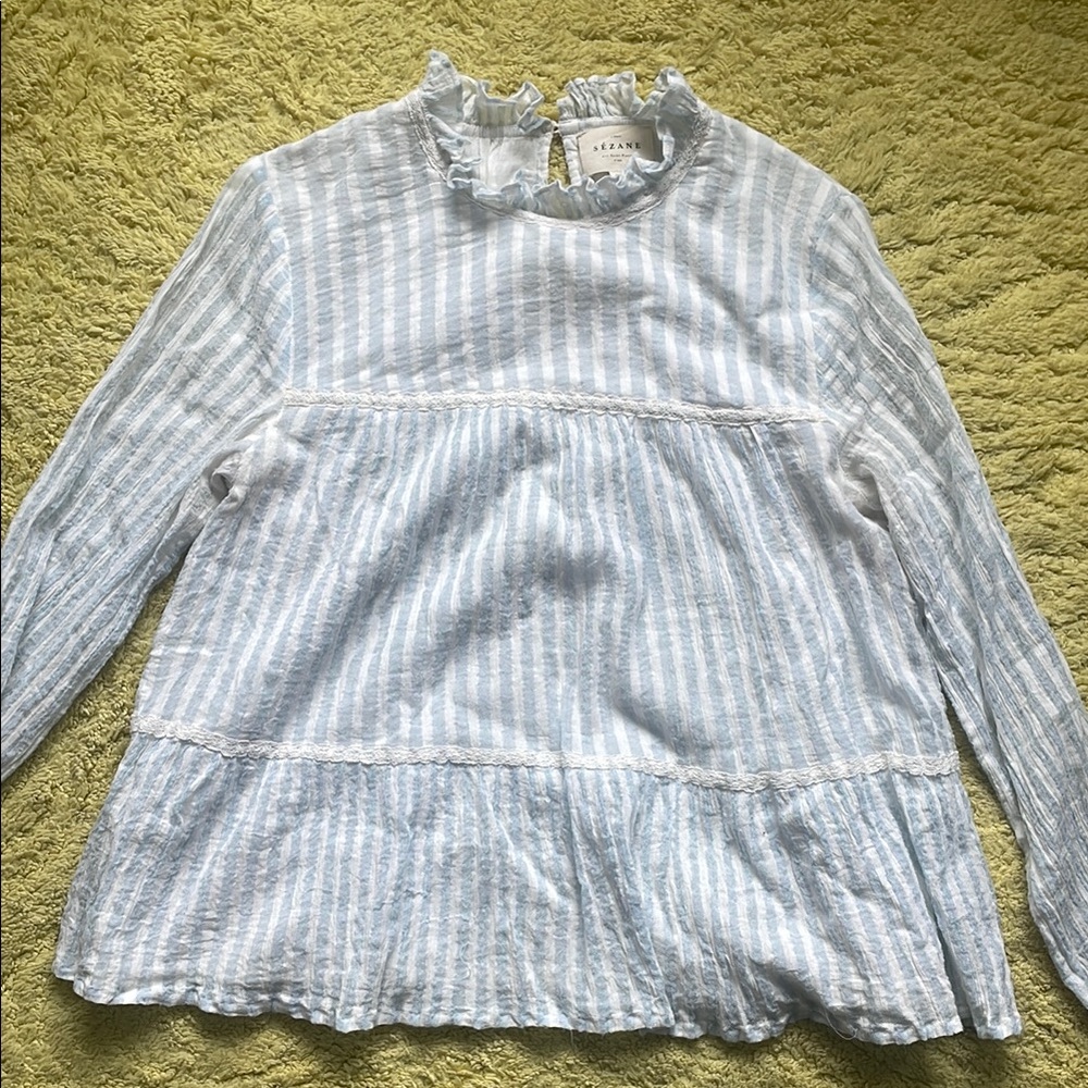 Sezane Blue and White Striped Blouse with Ruffled Neckline size 38